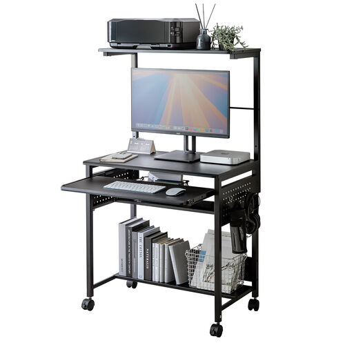 パソコンラック（幅75cm・キーボードスライダー・有孔ボード・コンパクト・収納棚付・棚組み替え・キャスター付・サブテーブル付・ブラック）