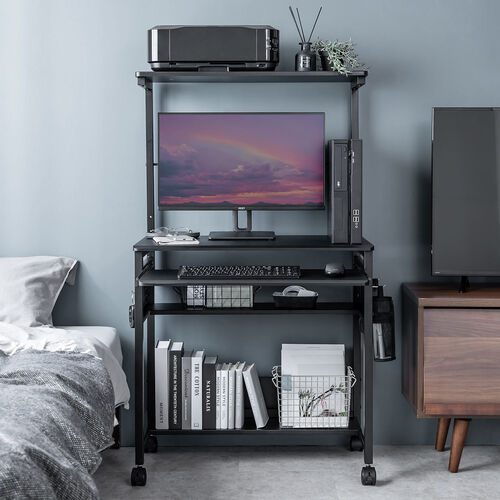 パソコンラック（幅75cm・キーボードスライダー・有孔ボード・コンパクト・収納棚付・棚組み替え・キャスター付・サブテーブル付・ブラック）