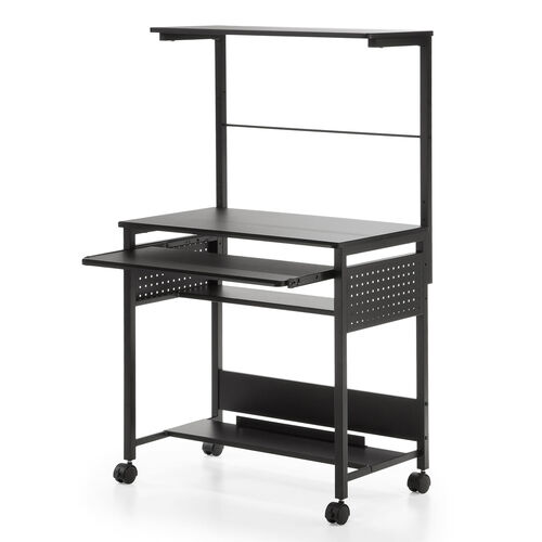 パソコンラック（幅75cm・キーボードスライダー・有孔ボード・コンパクト・収納棚付・棚組み替え・キャスター付・サブテーブル付・ブラック）