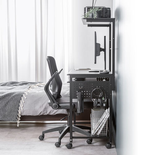 パソコンラック（幅75cm・キーボードスライダー・有孔ボード・コンパクト・収納棚付・棚組み替え・キャスター付・サブテーブル付・ブラック）