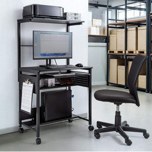 パソコンラック（幅75cm・キーボードスライダー・有孔ボード・コンパクト・収納棚付・棚組み替え・キャスター付・サブテーブル付・ブラック）