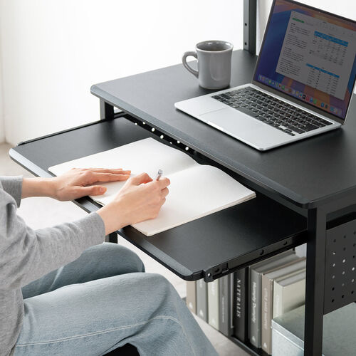 パソコンラック（幅75cm・キーボードスライダー・有孔ボード・コンパクト・収納棚付・棚組み替え・キャスター付・サブテーブル付・ブラック）