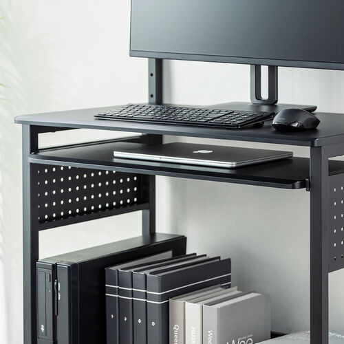 パソコンラック（幅75cm・キーボードスライダー・有孔ボード・コンパクト・収納棚付・棚組み替え・キャスター付・サブテーブル付・ブラック）