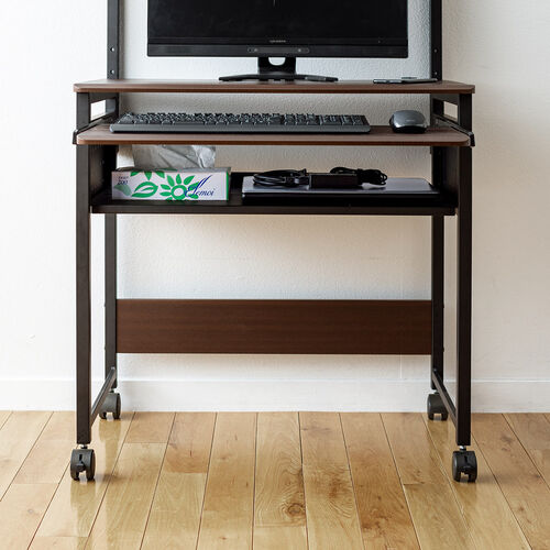 パソコンラック（幅75cm・キーボードスライダー・有孔ボード・コンパクト・収納棚付・棚組み替え・キャスター付・サブテーブル付・ブラウン木目）