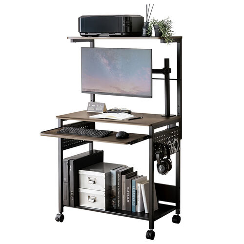 パソコンラック（幅75cm・キーボードスライダー・有孔ボード・コンパクト・収納棚付・棚組み替え・キャスター付・サブテーブル付・ブラウン木目）