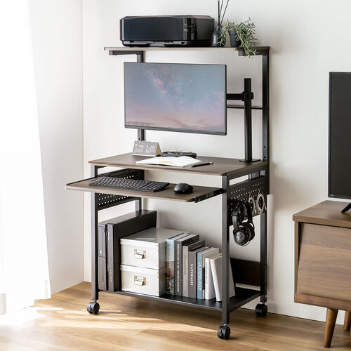 パソコンラック（幅75cm・キーボードスライダー・有孔ボード・コンパクト・収納棚付・棚組み替え・キャスター付・サブテーブル付・ブラウン木目）