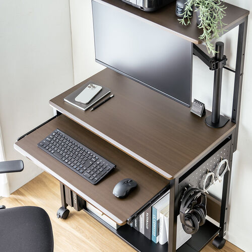 パソコンラック（幅75cm・キーボードスライダー・有孔ボード・コンパクト・収納棚付・棚組み替え・キャスター付・サブテーブル付・ブラウン木目）