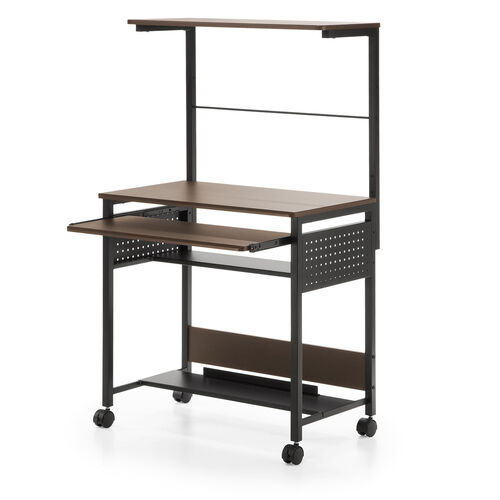 パソコンラック（幅75cm・キーボードスライダー・有孔ボード・コンパクト・収納棚付・棚組み替え・キャスター付・サブテーブル付・ブラウン木目）