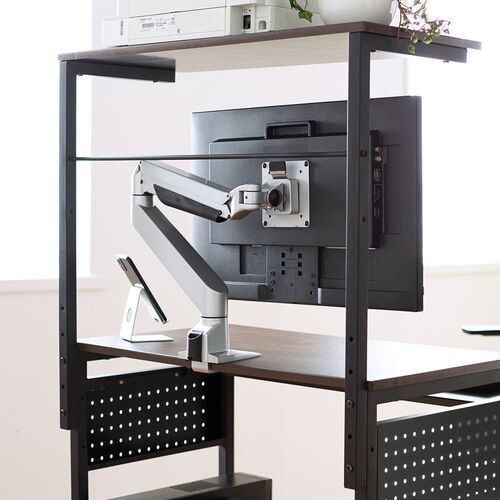 パソコンラック（幅75cm・キーボードスライダー・有孔ボード・コンパクト・収納棚付・棚組み替え・キャスター付・サブテーブル付・ブラウン木目）