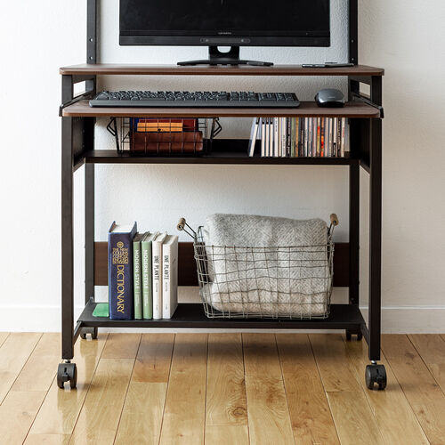 パソコンラック（幅75cm・キーボードスライダー・有孔ボード・コンパクト・収納棚付・棚組み替え・キャスター付・サブテーブル付・ブラウン木目）