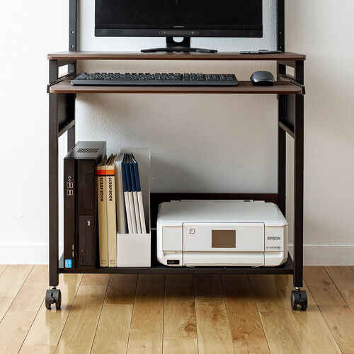 パソコンラック（幅75cm・キーボードスライダー・有孔ボード・コンパクト・収納棚付・棚組み替え・キャスター付・サブテーブル付・ブラウン木目）