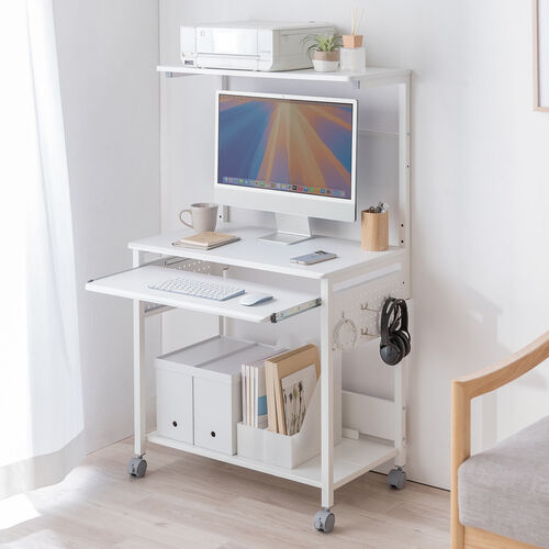 パソコンラック（幅75cm・キーボードスライダー・有孔ボード・コンパクト・収納棚付・棚組み替え・キャスター付・サブテーブル付・ホワイト）