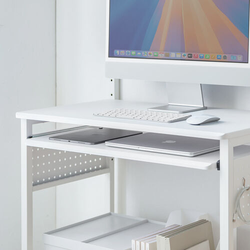 パソコンラック（幅75cm・キーボードスライダー・有孔ボード・コンパクト・収納棚付・棚組み替え・キャスター付・サブテーブル付・ホワイト）