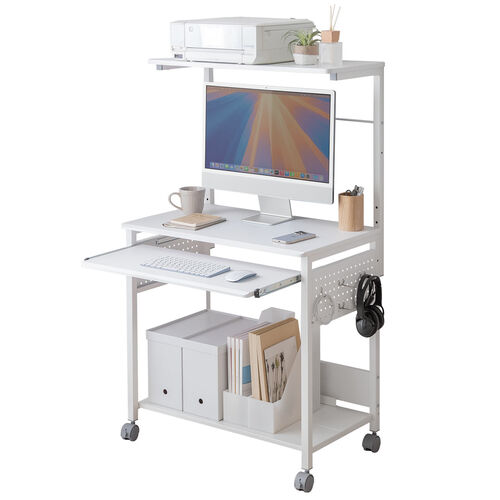 パソコンラック（幅75cm・キーボードスライダー・有孔ボード・コンパクト・収納棚付・棚組み替え・キャスター付・サブテーブル付・ホワイト）