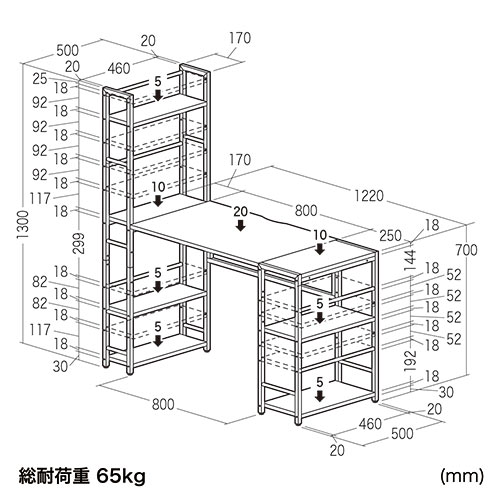シェルフデスク（サイドデスク付きデスク・棚付きデスク・ダブルシェルフ・幅1220mm・奥行500mm・ブラック）