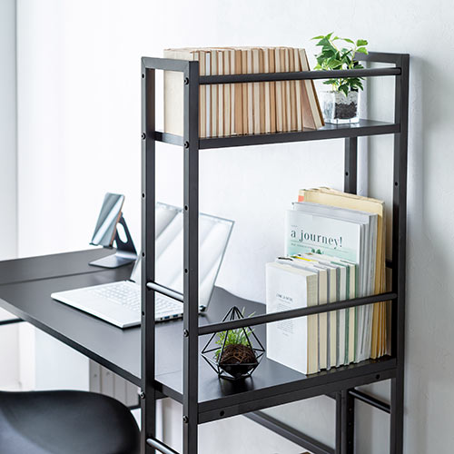 シェルフデスク（サイドデスク付きデスク・棚付きデスク・ダブルシェルフ・幅1220mm・奥行500mm・ブラック）