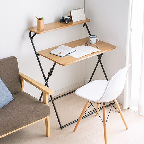折りたたみデスク 折りたたみテーブル パソコンデスク 簡易デスク 省スペース 幅800mm 奥行400mm 棚付き ライトブラウン