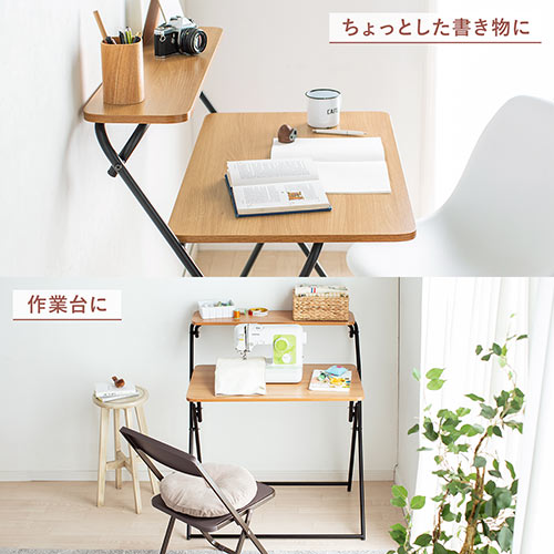 折りたたみデスク 折りたたみテーブル パソコンデスク 簡易デスク 省スペース 幅800mm 奥行400mm 棚付き ライトブラウン