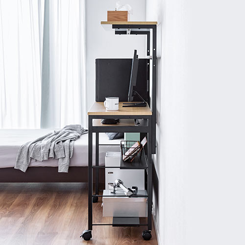 パソコンデスク（スリム・幅900・奥行430・パソコンラック・キーボードスライダー付・サブテーブル・中棚・木目）