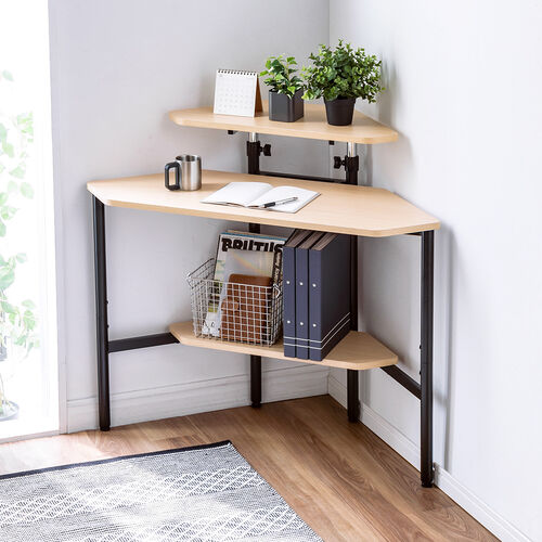 コーナーデスク（角デスク・コンパクト設置・上棚高さ調整・配線トレー付き）