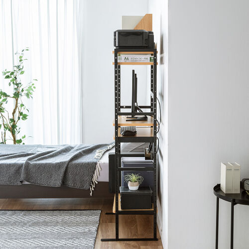 パソコンラック（4cmピッチ可変棚・スリムラック・幅63.4cm・奥行き33cm・スライダー・中棚・マウステーブル付き）