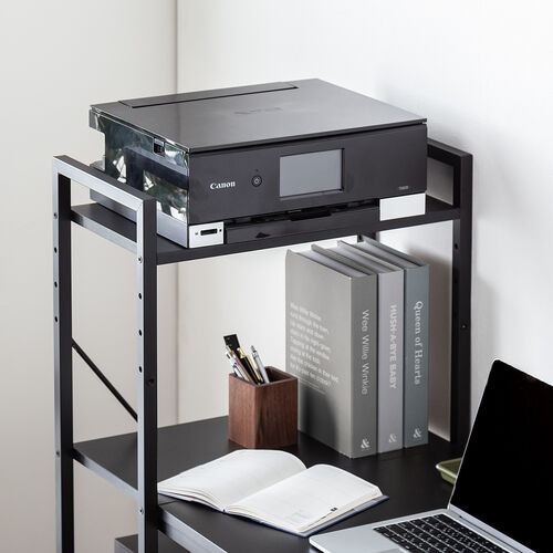 棚付きデスク（シェルフデスク・パソコンデスク・収納ラック・幅107cm・奥行52cm・棚付き・ブラック）