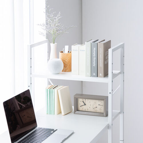 棚付きデスク（シェルフデスク・パソコンデスク・収納ラック・幅107cm・奥行52cm・棚付き・ホワイト）