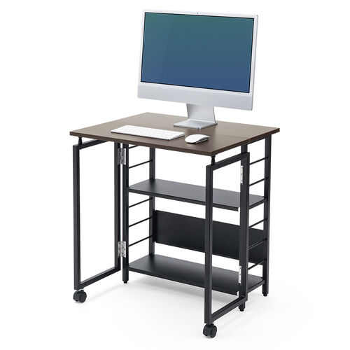 折りたたみデスク（折りたたみテーブル・コンパクトデスク・リビング学習・収納棚・省スペース・幅65cm・奥行53cm・棚つき・多機能テーブル・ブラウン）