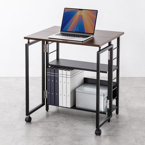 折りたたみデスク（折りたたみテーブル・コンパクトデスク・リビング学習・収納棚・省スペース・幅65cm・奥行53cm・棚つき・多機能テーブル・ブラウン）