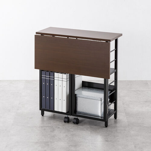 折りたたみデスク（折りたたみテーブル・コンパクトデスク・リビング学習・収納棚・省スペース・幅65cm・奥行53cm・棚つき・多機能テーブル・ブラウン）