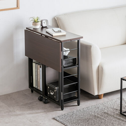 折りたたみデスク（折りたたみテーブル・コンパクトデスク・リビング学習・収納棚・省スペース・幅65cm・奥行53cm・棚つき・多機能テーブル・ブラウン）