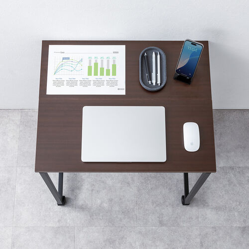 折りたたみデスク（折りたたみテーブル・コンパクトデスク・リビング学習・収納棚・省スペース・幅65cm・奥行53cm・棚つき・多機能テーブル・ブラウン）