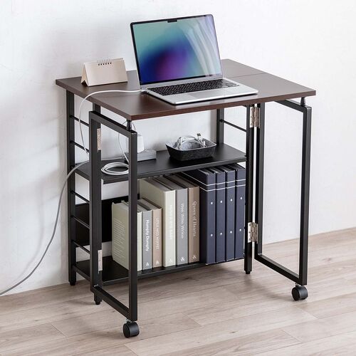 折りたたみデスク（折りたたみテーブル・コンパクトデスク・リビング学習・収納棚・省スペース・幅65cm・奥行53cm・棚つき・多機能テーブル・ブラウン）