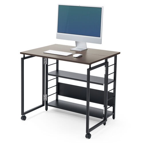 折りたたみデスク（折りたたみテーブル・コンパクトデスク・リビング学習・収納棚・省スペース・幅80cm・奥行60cm・棚つき・多機能テーブル・ブラウン）