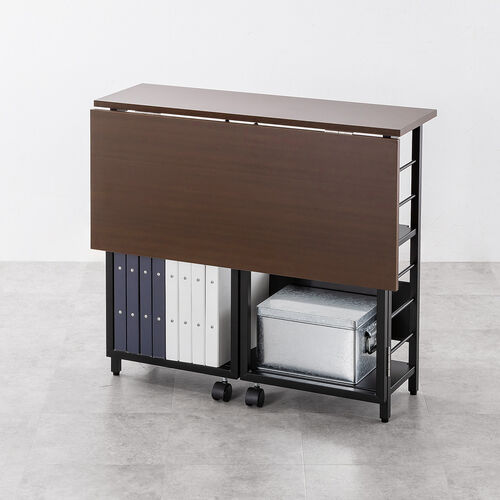 折りたたみデスク（折りたたみテーブル・コンパクトデスク・リビング学習・収納棚・省スペース・幅80cm・奥行60cm・棚つき・多機能テーブル・ブラウン）