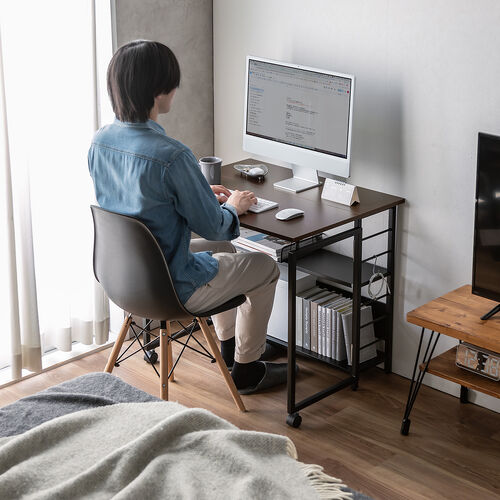 折りたたみデスク（折りたたみテーブル・コンパクトデスク・リビング学習・収納棚・省スペース・幅80cm・奥行60cm・棚つき・多機能テーブル・ブラウン）