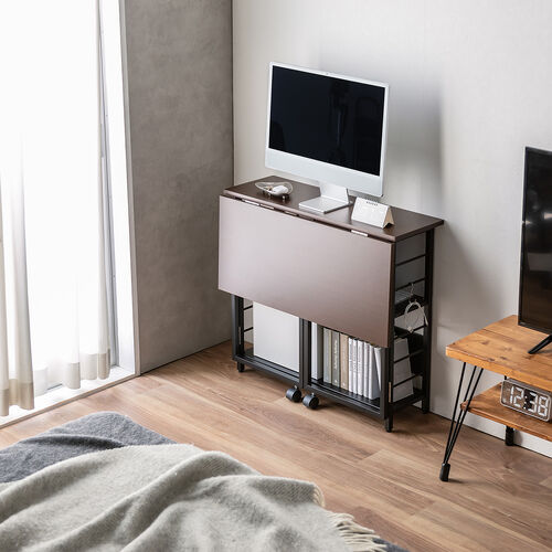 折りたたみデスク（折りたたみテーブル・コンパクトデスク・リビング学習・収納棚・省スペース・幅80cm・奥行60cm・棚つき・多機能テーブル・ブラウン）