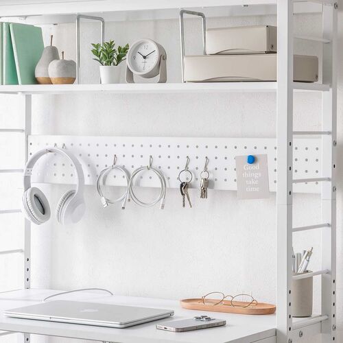 パソコンラック（パソコンデスク・横幅85cm・奥行50cm・シェルフデスク・収納棚付き・天板高さ可変・棚可変・クランプ取付・有孔ボード・ホワイト）