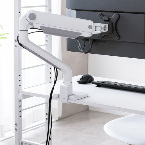 パソコンラック（パソコンデスク・横幅85cm・奥行50cm・シェルフデスク・収納棚付き・天板高さ可変・棚可変・クランプ取付・有孔ボード・ホワイト）