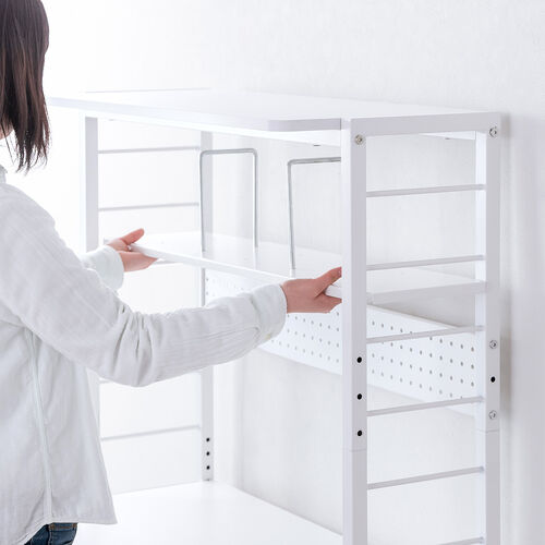 パソコンラック（パソコンデスク・横幅85cm・奥行50cm・シェルフデスク・収納棚付き・天板高さ可変・棚可変・クランプ取付・有孔ボード・ホワイト）