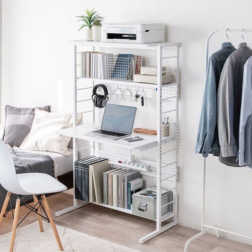 パソコンラック（パソコンデスク・横幅85cm・奥行50cm・シェルフデスク・収納棚付き・天板高さ可変・棚可変・クランプ取付・有孔ボード・ホワイト）