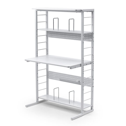 パソコンラック（パソコンデスク・横幅85cm・奥行50cm・シェルフデスク・収納棚付き・天板高さ可変・棚可変・クランプ取付・有孔ボード・ホワイト）