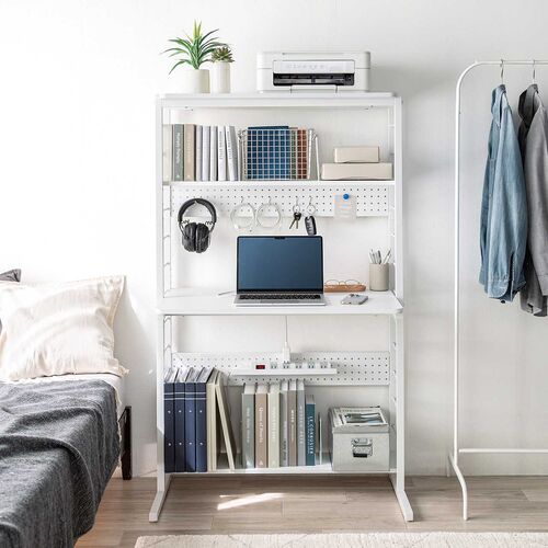 パソコンラック（パソコンデスク・横幅85cm・奥行50cm・シェルフデスク・収納棚付き・天板高さ可変・棚可変・クランプ取付・有孔ボード・ホワイト）