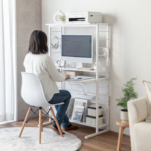 パソコンラック（パソコンデスク・横幅85cm・奥行50cm・シェルフデスク・収納棚付き・天板高さ可変・棚可変・クランプ取付・有孔ボード・ホワイト）