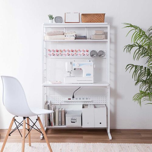 パソコンラック（パソコンデスク・横幅85cm・奥行50cm・シェルフデスク・収納棚付き・天板高さ可変・棚可変・クランプ取付・有孔ボード・ホワイト）