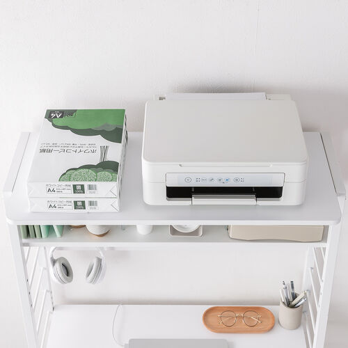 パソコンラック（パソコンデスク・横幅85cm・奥行50cm・シェルフデスク・収納棚付き・天板高さ可変・棚可変・クランプ取付・有孔ボード・ホワイト）