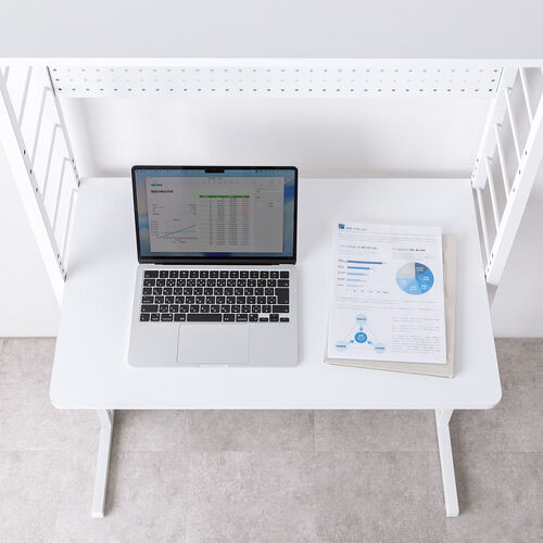 パソコンラック（パソコンデスク・横幅85cm・奥行50cm・シェルフデスク・収納棚付き・天板高さ可変・棚可変・クランプ取付・有孔ボード・ホワイト）