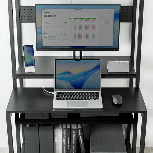 パソコンラック（パソコンデスク・横幅85cm・奥行60cm・シェルフデスク・収納棚付き・天板高さ可変・棚可変・クランプ取付・有孔ボード・ブラック）