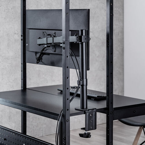 パソコンラック（パソコンデスク・横幅85cm・奥行60cm・シェルフデスク・収納棚付き・天板高さ可変・棚可変・クランプ取付・有孔ボード・ブラック）