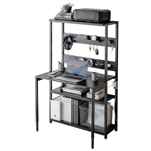 パソコンラック（パソコンデスク・横幅85cm・奥行60cm・シェルフデスク・収納棚付き・天板高さ可変・棚可変・クランプ取付・有孔ボード・ブラック）